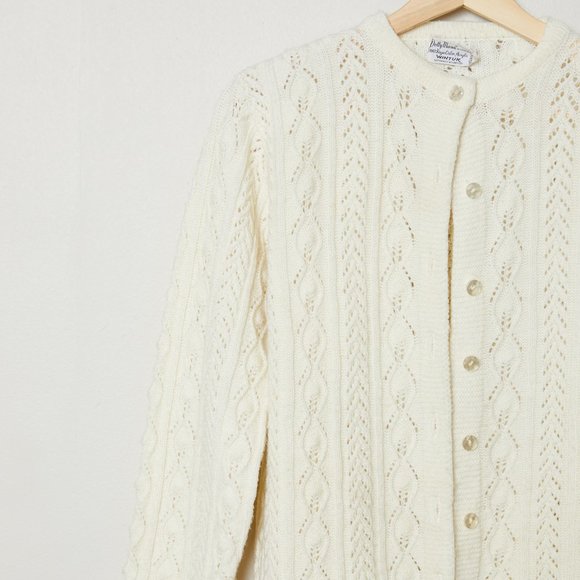 Vtg 50s Cream Open Knit Scalloped Cardigan M - Picture 2 of 7